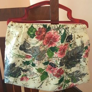 Vintage Mid Century Barkcloth Floral Knitting Bag Purse